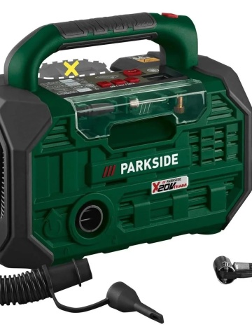Compresor si pompa de aer pe acumulator de 20V Parkside, fara acumulator si incarcator, iluminare cu led si intrerupator separat pentru pornire si oprire