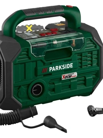 Compresor si pompa de aer pe acumulator de 20V Parkside, fara acumulator si incarcator, iluminare cu led si intrerupator separat pentru pornire si oprire