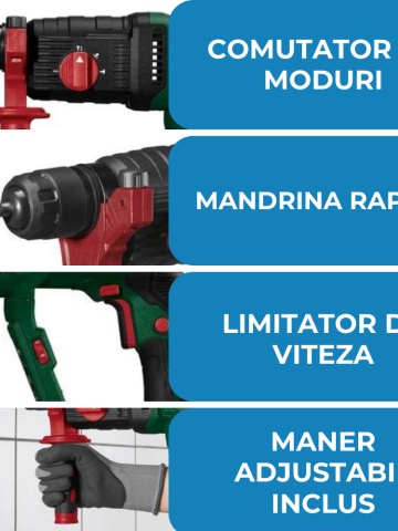 Ciocan rotopercutor cu fir Parkside PBH 1050 D4 Putere de 1050W, Mandrina rapida, Forta de percutie de 3J, nr. percutii 5300 min, turatie de 980 rpm, Verde - Img 2