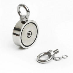 Magnet neodim oală D60 mm cu două cârlige inelare și două fețe x 120 kg - magnet fishing