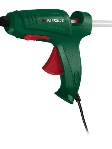 Pistol de lipit la cald Parkside, suport rabatabil. timp de incalzire cca 4min-150 grade, putere nominala 25W si 75 W la punerea in functiune