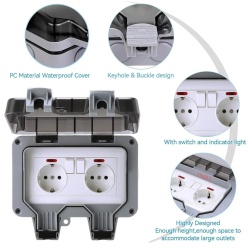Priza dubla exterior, Model Standard European, 250V/16A, IP66, rezistenta la apa si praf, gri cu intrerupatoare individuale