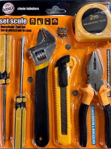 Set scule multifunctional pentru casa, 6 piese, 2x surubelnite, cheie reglabila, cleste, cutter, ruleta 2m