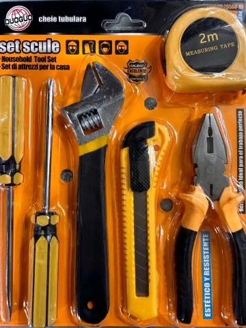 Set scule multifunctional pentru casa, 6 piese, 2x surubelnite, cheie reglabila, cleste, cutter, ruleta 2m