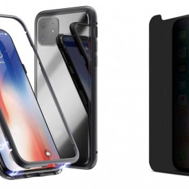 Husa Apple iPhone 11 PRO Magnetica cu spate din sticla securizata si folie privacy pentru ecran, Perfect Fit