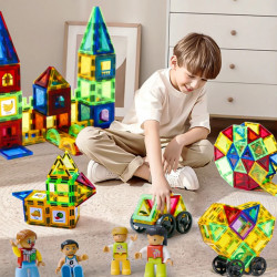 Set de Constructie Magnetic Tiles 3D, jucarii educationale, Elemente Magnetice, diferite variante de asamblare, Cadou baieti si fete, 60 Piese, Multicolor, 3 ani
