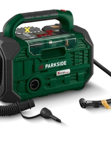 Compresor si pompa de aer pe acumulator de 20V Parkside, fara acumulator si incarcator, iluminare cu led si intrerupator separat pentru pornire si oprire