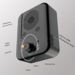 Dispozitiv anti-latrat pentru caini cu ultrasunete profesional, 3 niveluri de sensibilitate, de exterior si interior, pentru caini de talie mare, medie si mica, incarcare USB, Negru