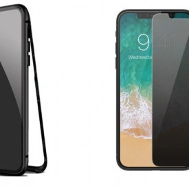Husa Apple iPhone X Magnetica cu spate din sticla securizata si folie privacy pentru ecran, Perfect Fit