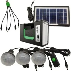 Kit solar GD-Lite 10, dotat cu dispozitive USB cu 3 becuri LED + acumulator de mare capacitate + Radio, negru