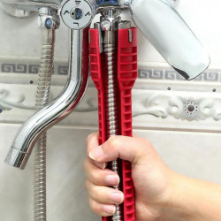 Cheie multifuncțională, instalații sanitare, tevi de apă, reglabilă, robinete, racorduri, flanșe, fixare, ergonomică, compactă, roșie, durabilă, rezistentă la coroziune, profesionist, pasionat de bricolaj, eficiență, precizie