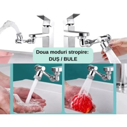Extensie Robinet Rotativa, Adaptor Apa Baterie, Universal, Rotatie de 1080 °, Functie de Economisire a Apei, Doua Moduri Dus / Bule, Argintiu