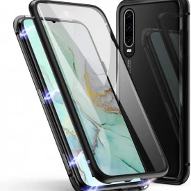 Husa Huawei P30 Pro , Magnetica 360 Negru, Perfect Fit cu spate de sticla securizata premium + folie de sticla pentru ecran