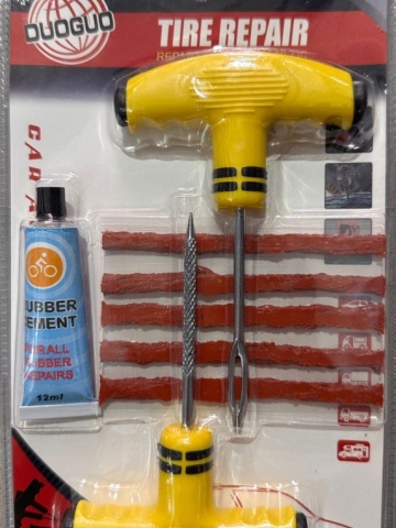 Kit reparatie pene anvelope vulcanizare, complet, cu maner T, benzi cauciuc, adeziv si scule incluse