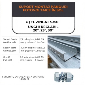 Suport Montaj Panouri Fotovoltaice în Sol – Oțel Zincat S350 | Unghi reglabil - Img 2
