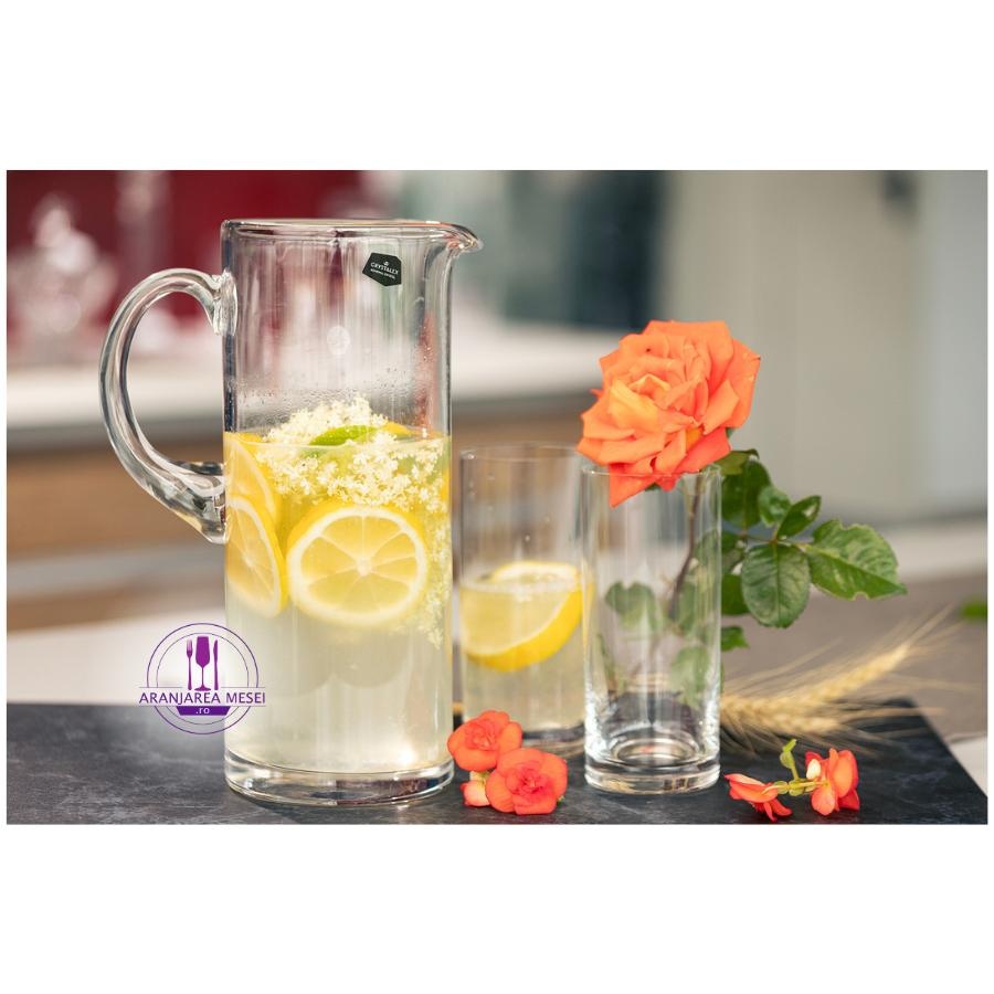 Set 6 pahare si carafa sticla cristalina bauturi racoritoare (300 ml + 1500 ml)