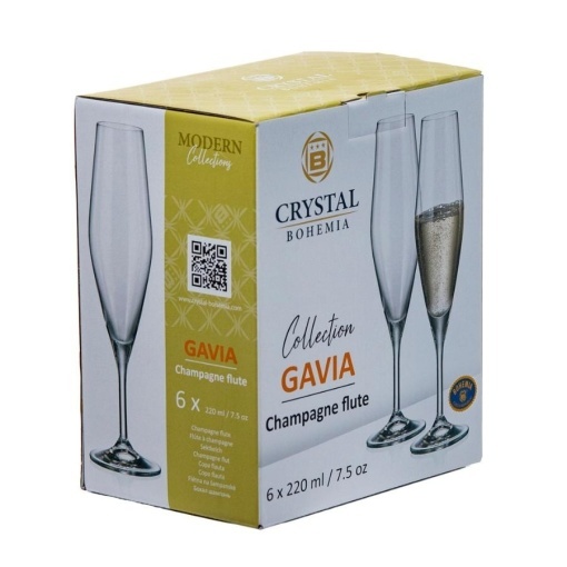 GAVIA - Pahare sampanie flute sticla cristalina Bohemia 220 ml (set 6 pahare) (91L-1SI97-220) - CUTIE