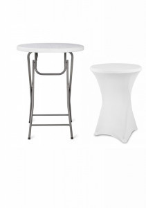 Magas összecsukható asztal, átmérő 80 cm, magasság 110 cm+feher huzattal