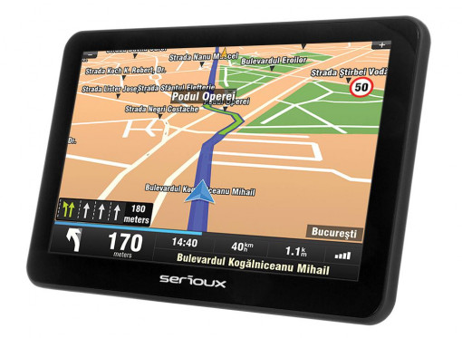 GPS Serioux, Urban Pilot UPQ700, 7.0" TFT, rezolutie: 800*480, Mstar2531 800MHz, 256 MB DDR3 RAM, memorie interna 8GB, baterie 1600mAh, radio FM, suport card microSD , fara harta