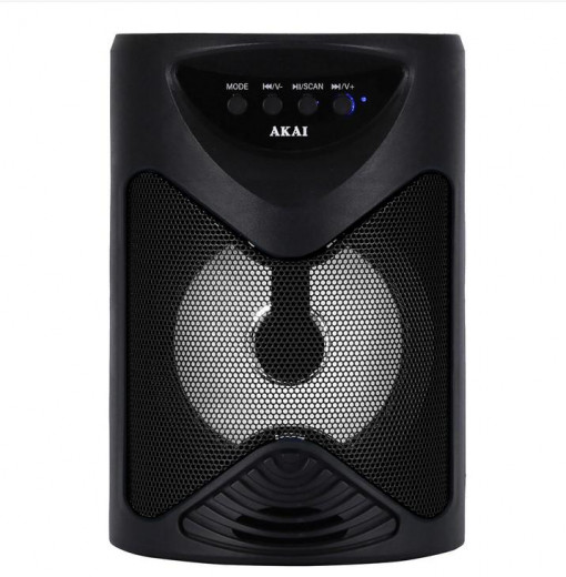Boxa portabila Akai ABTS-704, Bluetooth 4.2, radio FM, 1x port USB pentru mp3 player, 1x slot card TF, lumini LED, baterie reincarcabila, 1x slot pentru microfon, timp de incarcare 2 ore, timp de folosire 1.5 ore la volum maxim