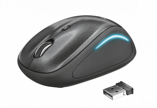 Mouse fara fir Trust Yvi FX Wireless Mouse - negru Specifications General Height of main product (in mm) 95 mm Width of main product (in mm) 57 mm Depth of main product (in mm) 40 mm Total weight 84 g Formfactor compact Ergonomic design no Connectivity