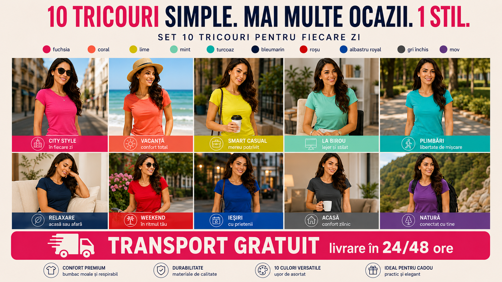 Set 10 tricouri damă Malfini din bumbac 100% – confort, culori variate și transport gratuit