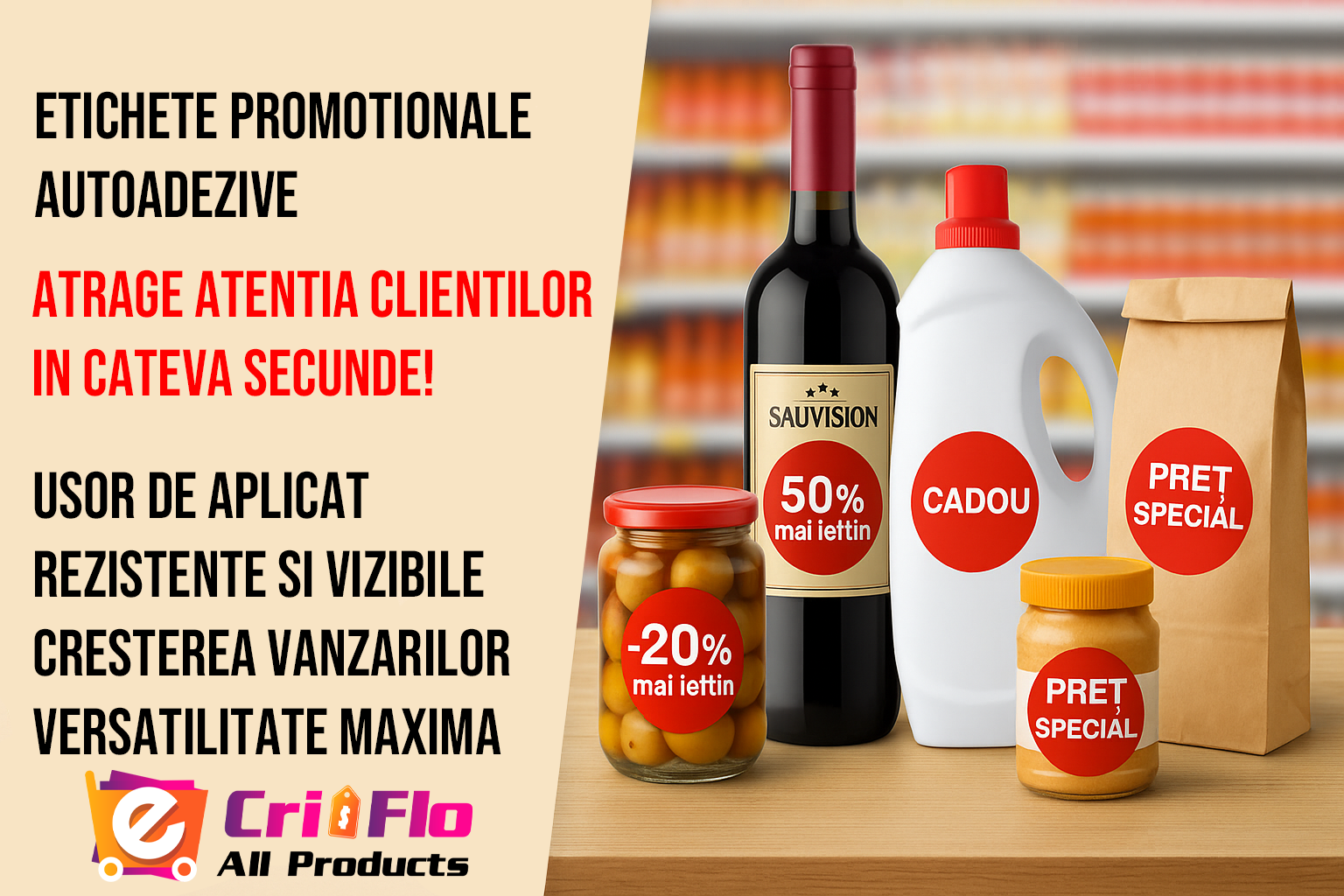 Etichete promotionale 1+1 gratis, Autoadezive usor de aplicat, Cri-Flo, Culoare Galben, Diametru 40mm