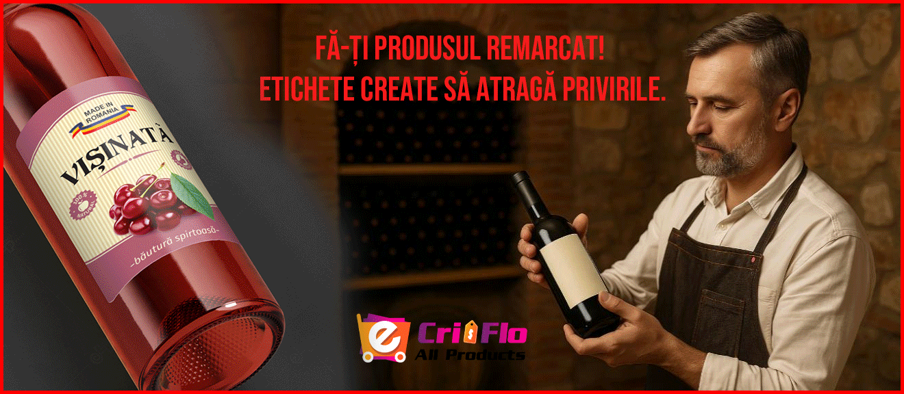 Eticheta sticle sirop de catina, autoadeziv usor de aplicat, autentic Romanesc, Cri-Flo, dimensiune 100x70 mm