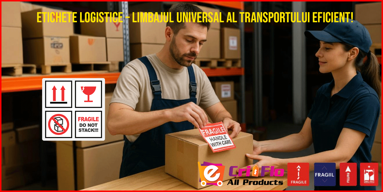 Set 10 Etichete Logistice Fragil, autoadeziv usor de aplicat, Cri-Flo, Culoare Rosu, Dimensiune 30x60 mm