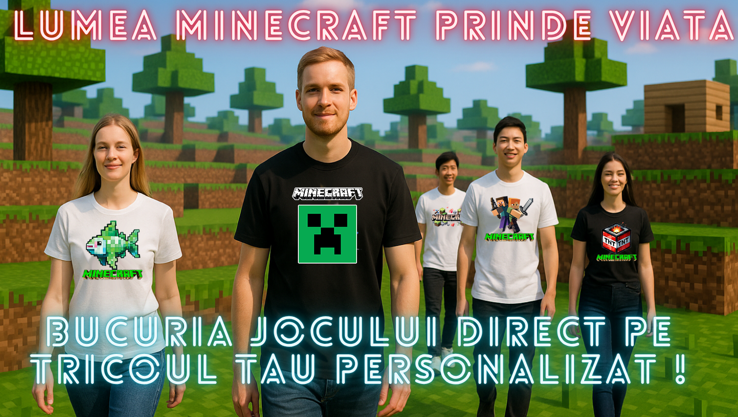 Tricouri personalizate pentru adulti, barbat si dama, culoare alb si negru personalizate cu Minecraft