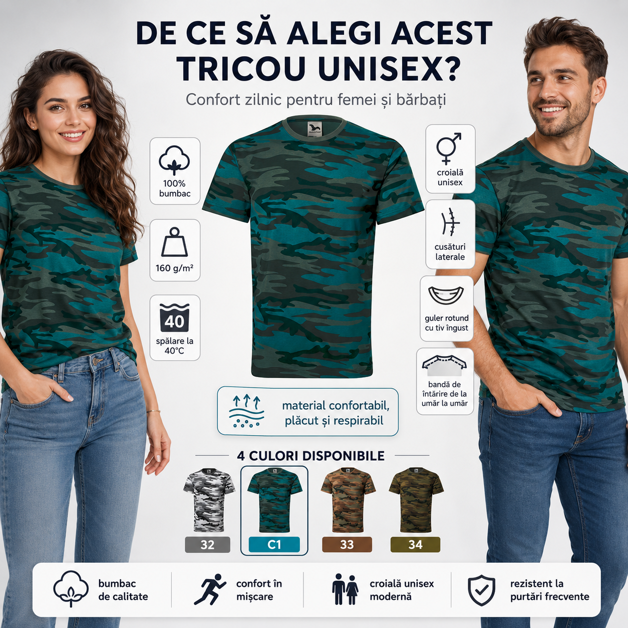 Avantajele tricoului unisex camuflaj: 100% bumbac, 160 g pe metru pătrat, spălare la 40 de grade, cusături laterale și croială unisex