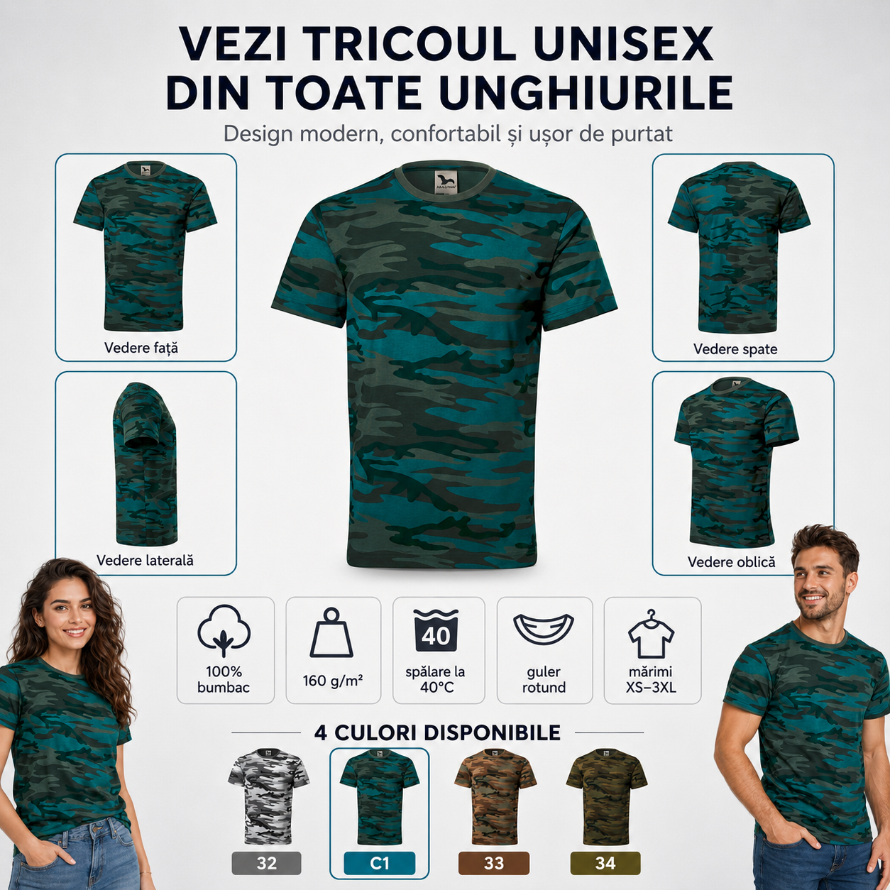Tricou unisex camuflaj văzut din față, spate, lateral și unghi oblic