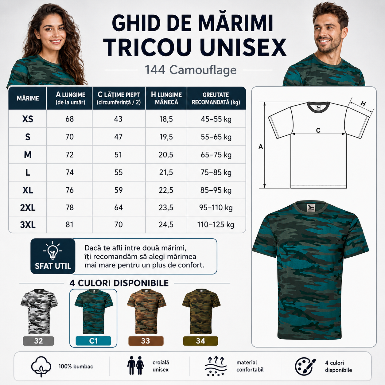 Ghid de mărimi pentru tricou unisex camuflaj, cu dimensiuni XS, S, M, L, XL, 2XL și 3XL