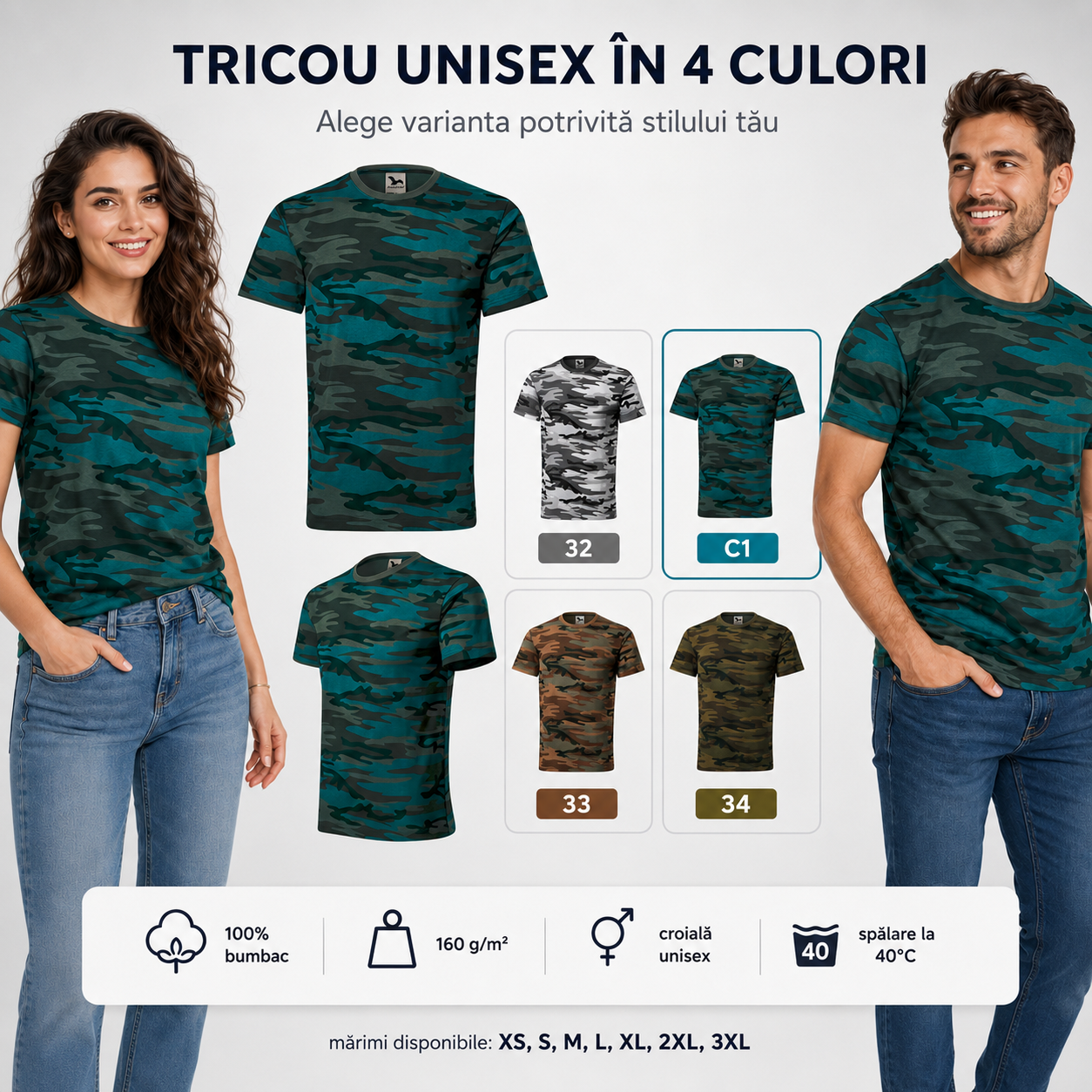 Tricou unisex camuflaj în patru culori, coduri 32, C1, 33 și 34, disponibil în mărimi XS până la 3XL