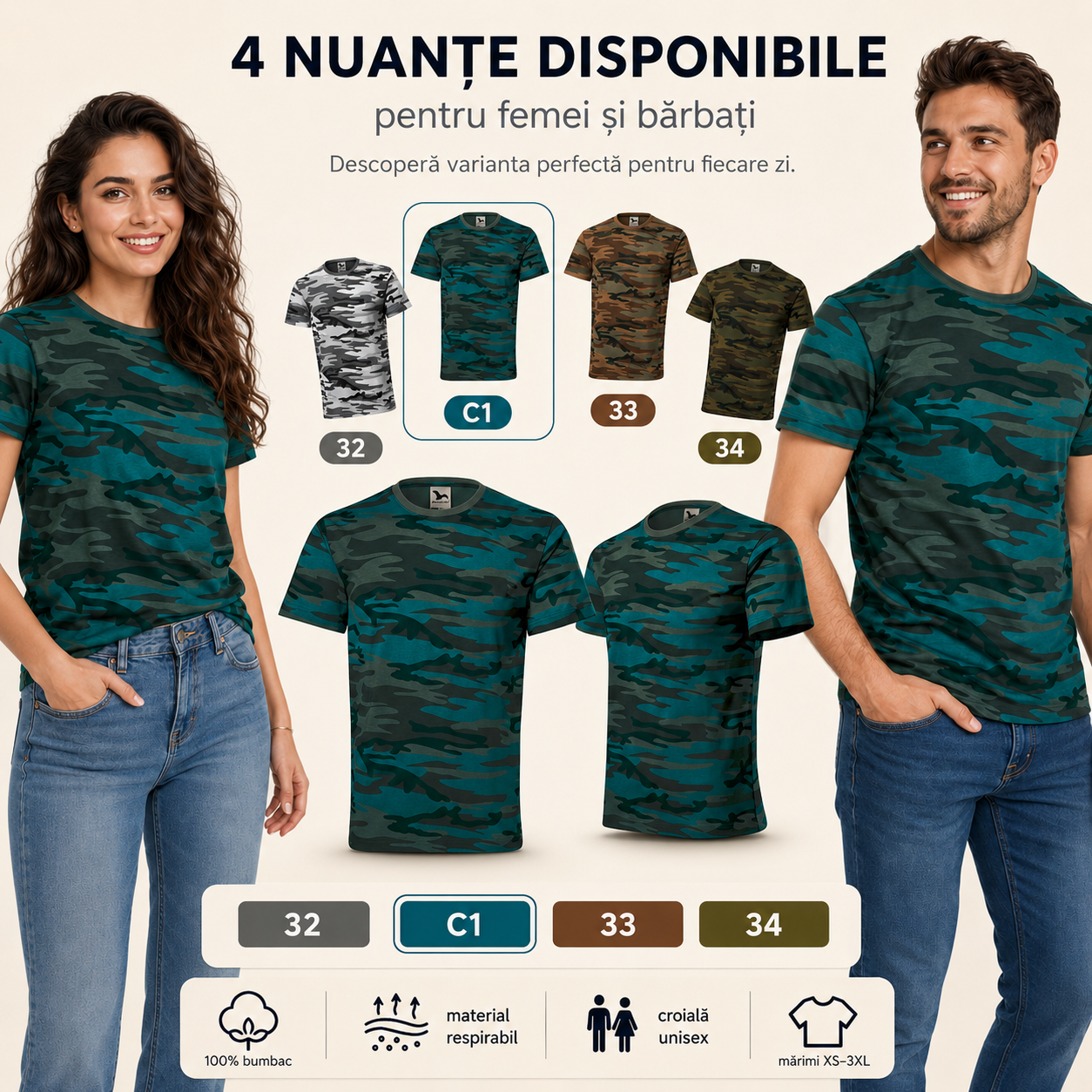 Patru nuanțe de tricou camuflaj unisex pentru femei și bărbați: gri, petrol, maro și verde
