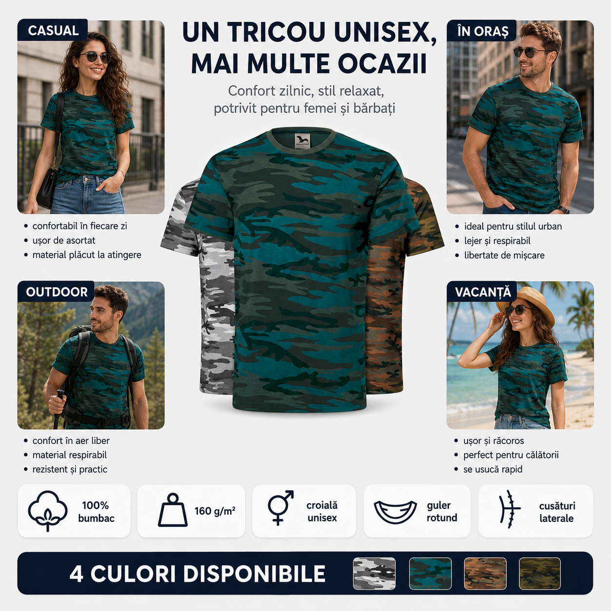 Tricou unisex camuflaj purtat casual, în oraș, la activități outdoor și în vacanță