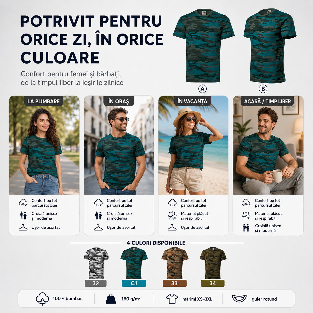 Tricou unisex camuflaj potrivit la plimbare, în oraș, în vacanță și acasă