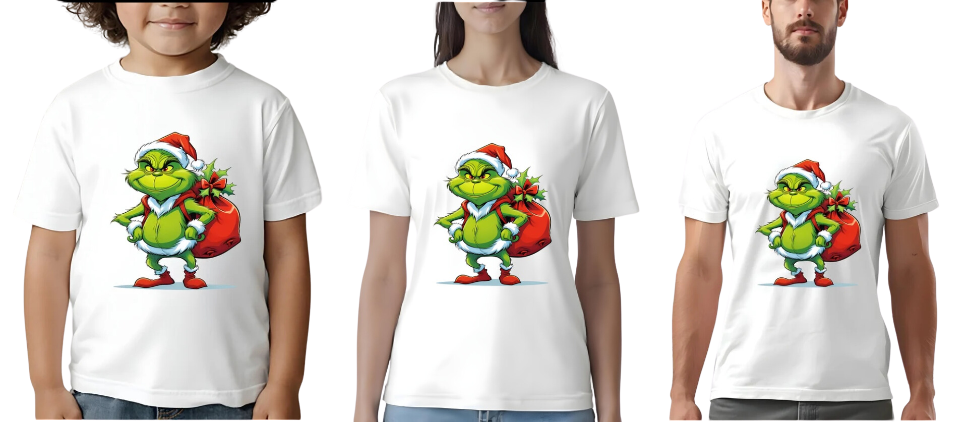 prezentarea tricourilor de craciun cu grinch, barbat dama si copil