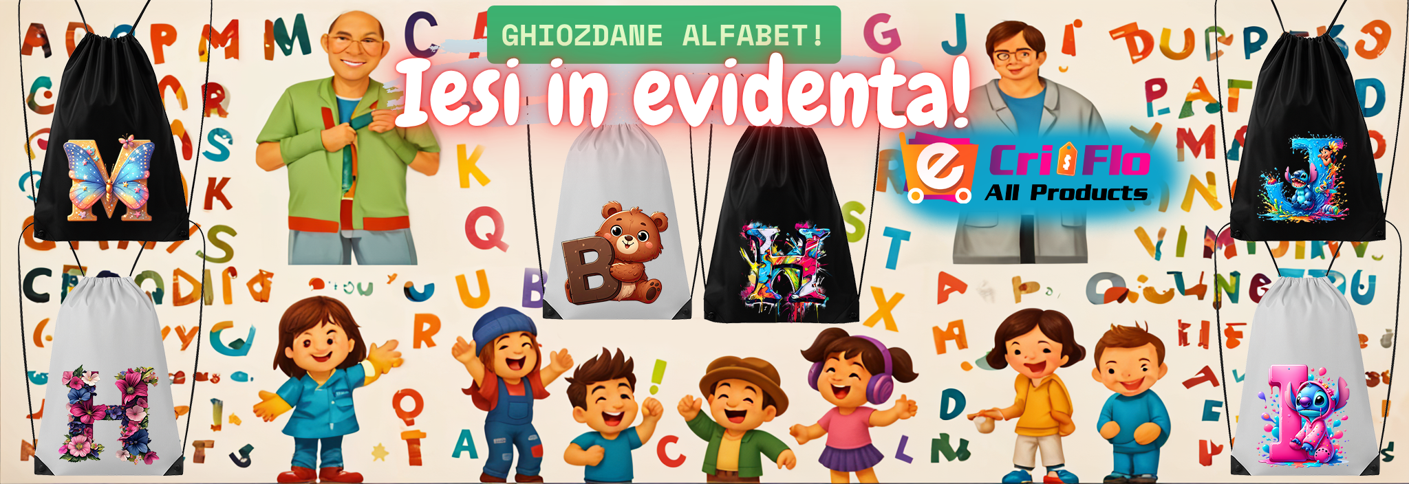 RUCSAC GHIOZDAN PERSONALIZAT CU ALFABETUL IDEAL PENTRU COPII PENTRU A IESII IN EVIDENTA, LA SCOALA GRADINITA LA LOCUL DE JOACA EXCURSII