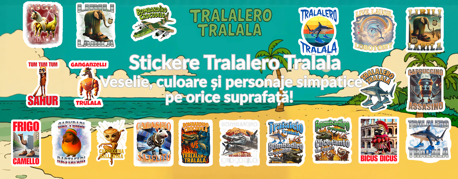 Stickere decorative cu Tralalero Tralala, toate personajele, colorate si vesele, aplicabile pe orice suprafata