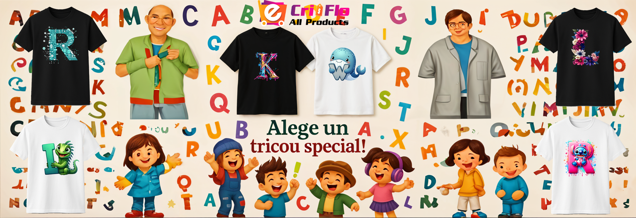 Tricouri personalizate pentru copii cu alfabetul litere si cifre, tricouri albe si negre pentru baieti si fete