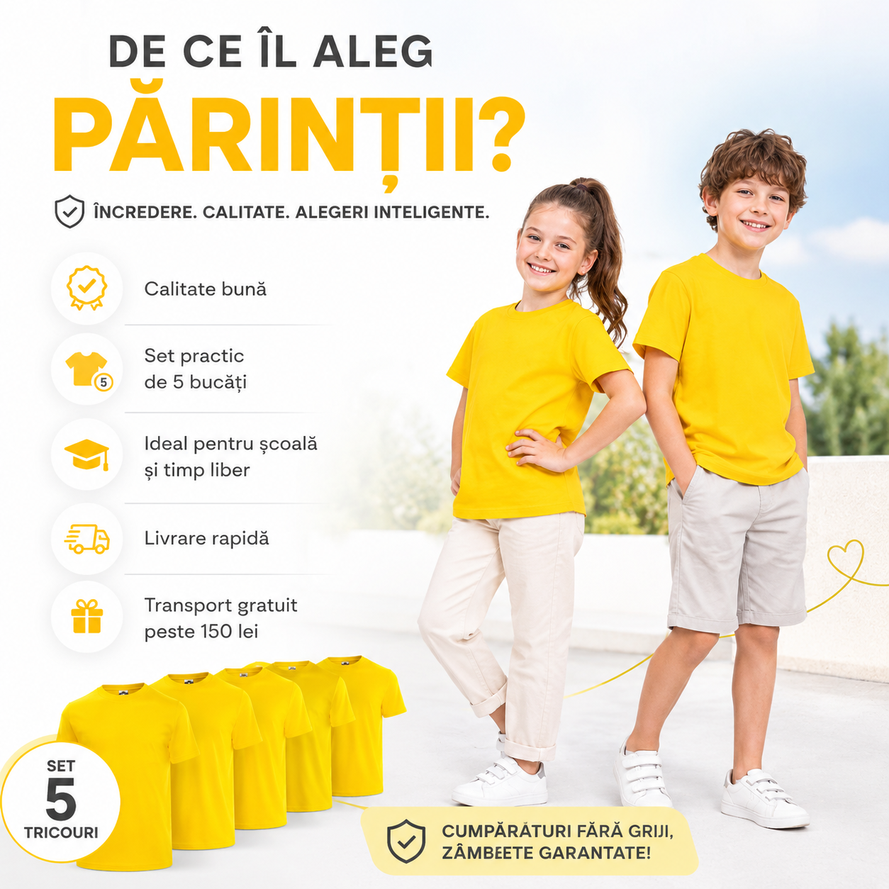 Tricouri galbene copii potrivite pentru școală, joacă, parc, ieșiri în oraș și activități zilnice