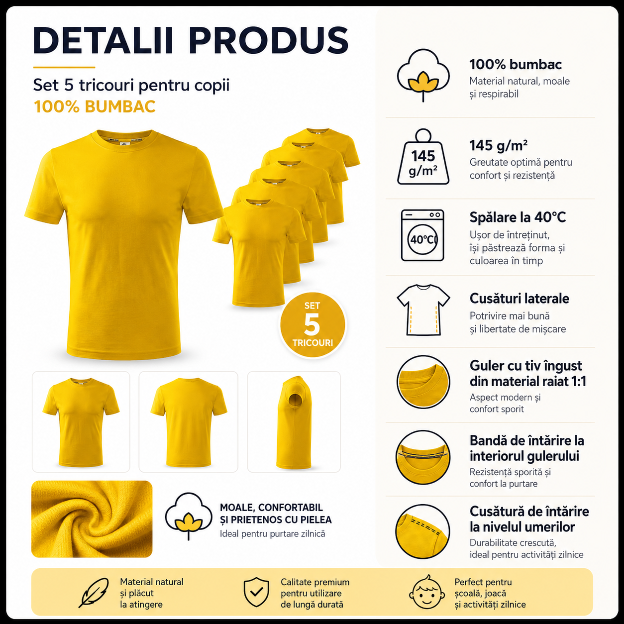 Set 5 tricouri galbene pentru copii din bumbac 100%, mărimi 110 cm 122 cm 134 cm 146 cm 158 cm