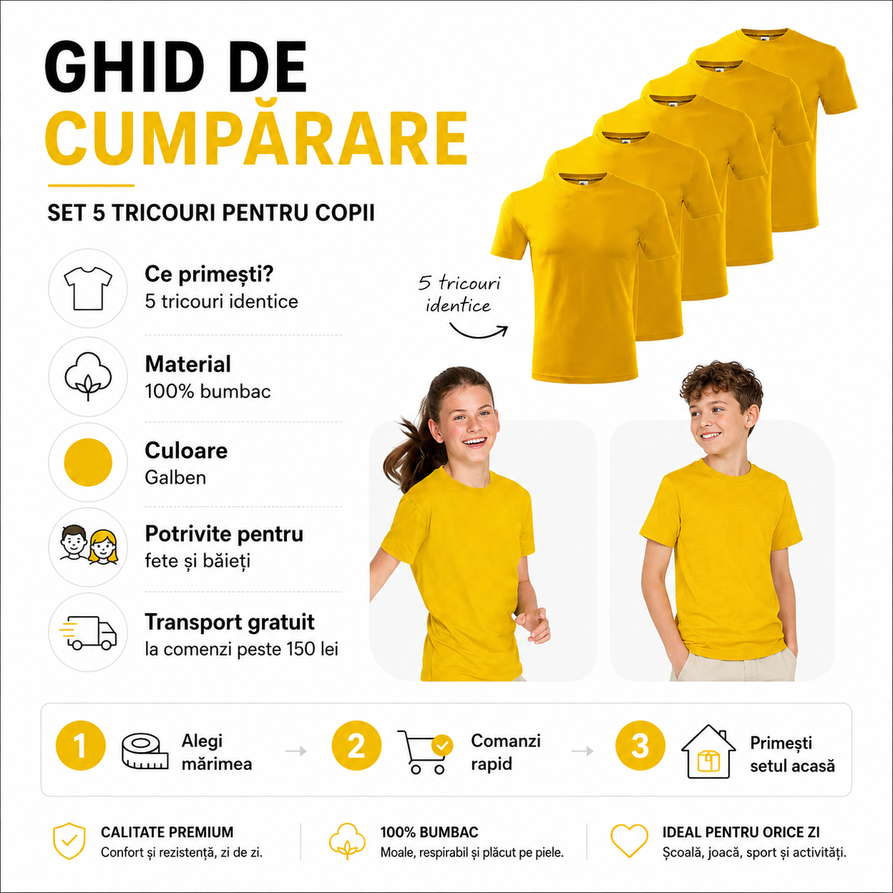 Set 5 tricouri galbene pentru copii, bumbac 100%, livrare rapidă, calitate și durabilitate