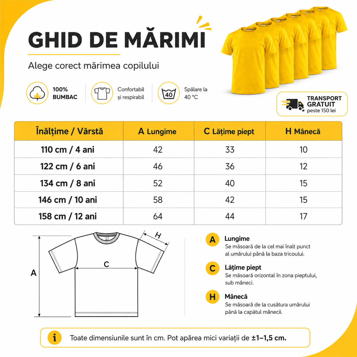 Caracteristici set 5 tricouri galbene copii, bumbac 100%, cusături laterale, guler rezistent și etichetă detașabilă