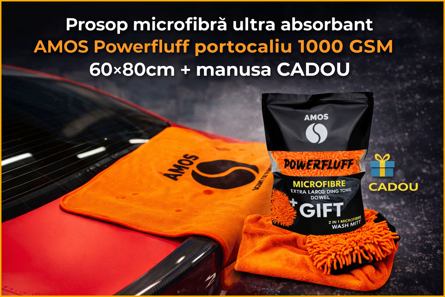 Prosop microfibra ultra absorbant auto AMOS Powerfluff 1000 GSM, manusa spalare, material premium, uscare rapida fara urme, culoare Portocaliu, Dimensiune 60x80 cm