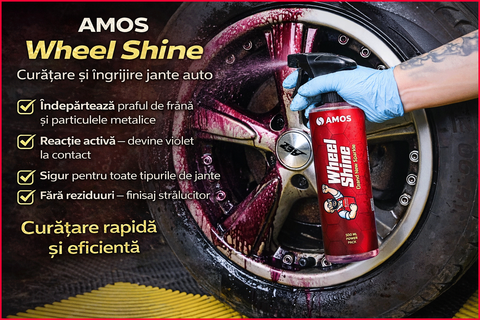 Solutie curatare jante AMOS Wheel Shine, curatare si ingrijire, indeparteaza praf de frana si particule metalice, indicator violet, fara reziduuri, cantitate 500 ml