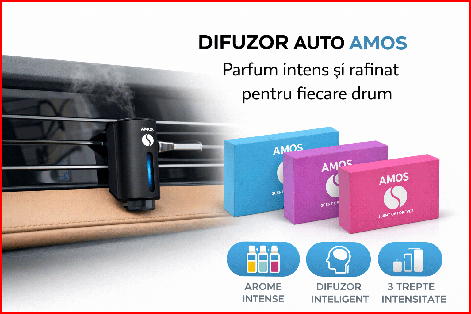 Difuzor parfum auto AMOS Mini Negru, 3 seturi rezerve parfum 21 arome, odorizant inteligent, arome intense, 3 trepte intensitate