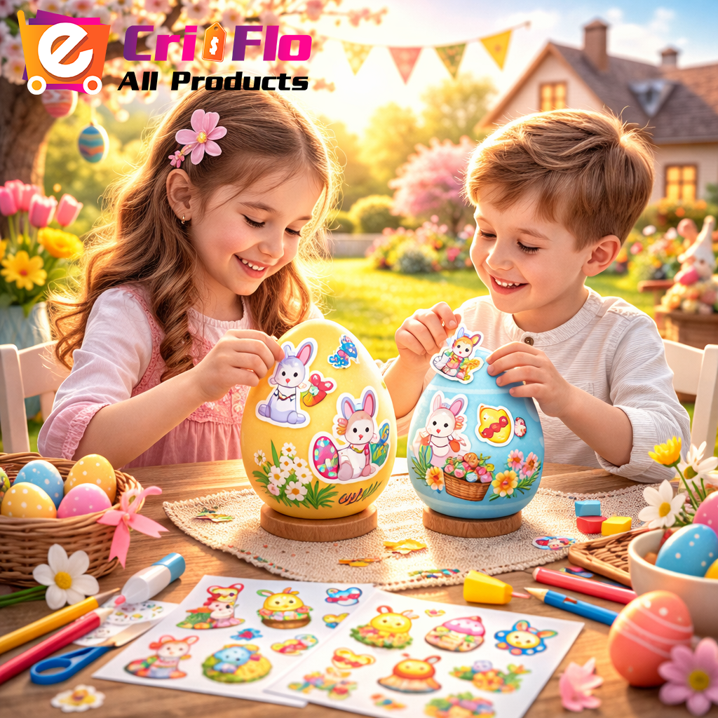 Sticker Paste Gnom Cu Placuta Happy Easter Si Oua Colorate, Autoadeziv, Cri-Flo, dimensiune 10 cm