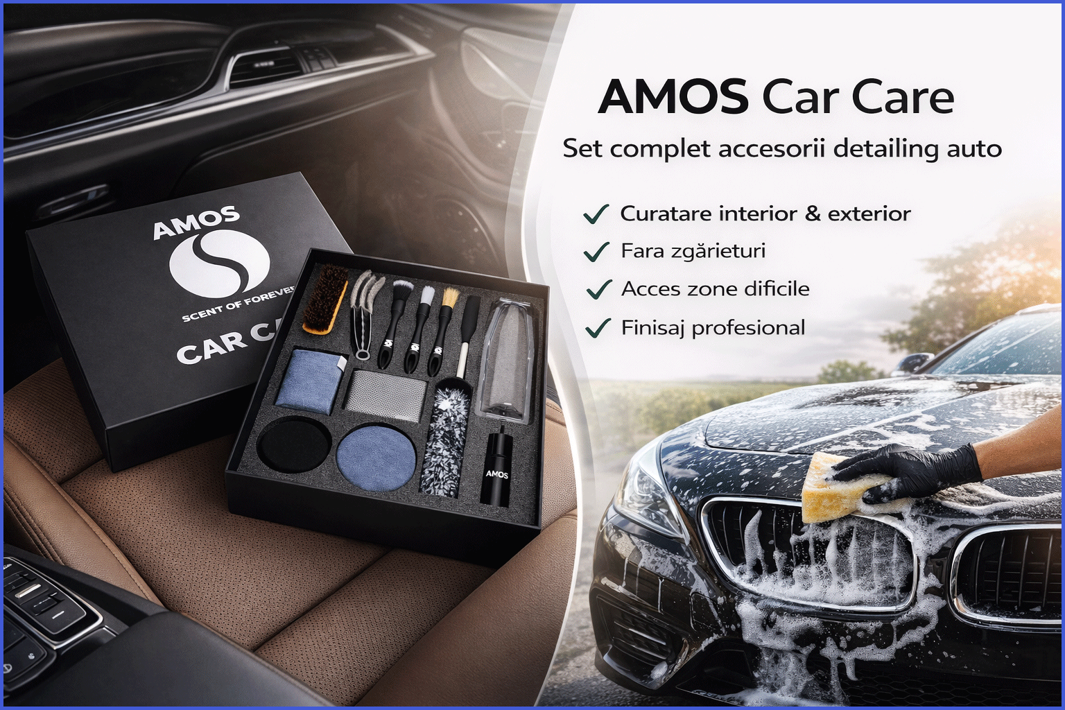 Set complet accesorii detailing auto AMOS Car Care, kit profesional curatare interior exterior, perii detailing, microfibra, aplicatoare, pentru jante, bord, tapiterie